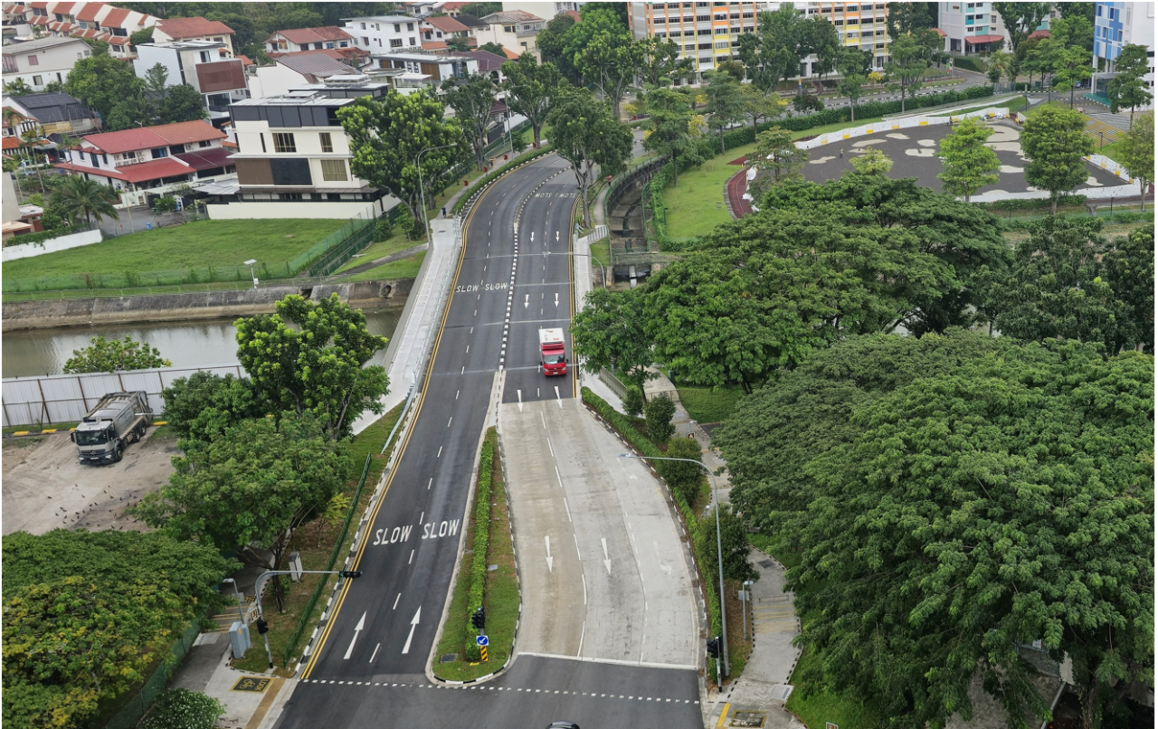 Completed roadworks at Bedok North Ave 4 vehicular bridge