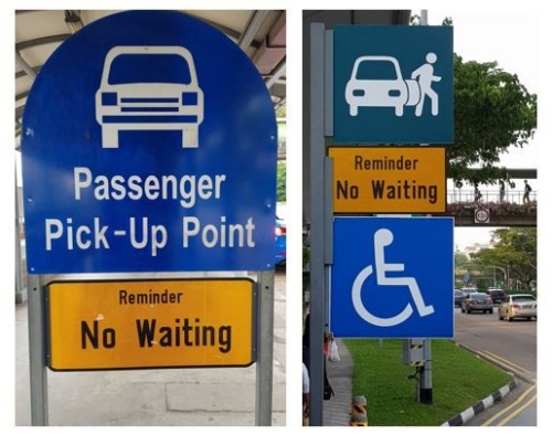 "No Waiting" reminder signs at pick-up/drop-off bays 